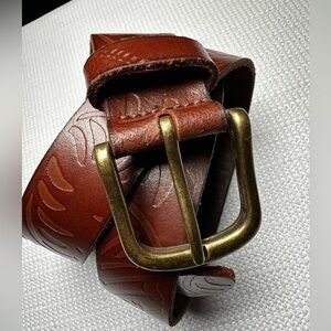 MENS BELT Leather Tooled Leaf Botanical Art to Wear 36 Brass Tone Buckle Brown